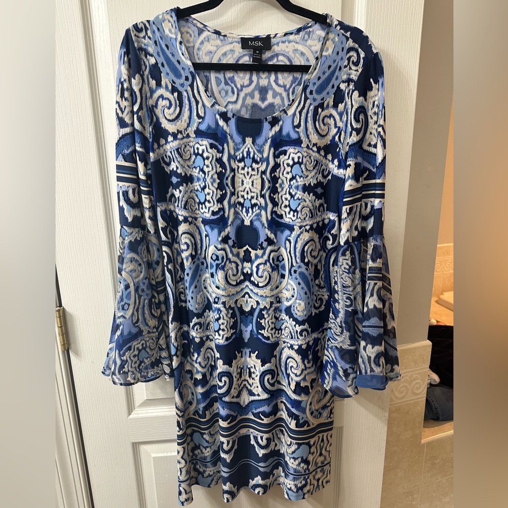 MSK Navy and Light Blue Patterned Dress with Bell Sleeves